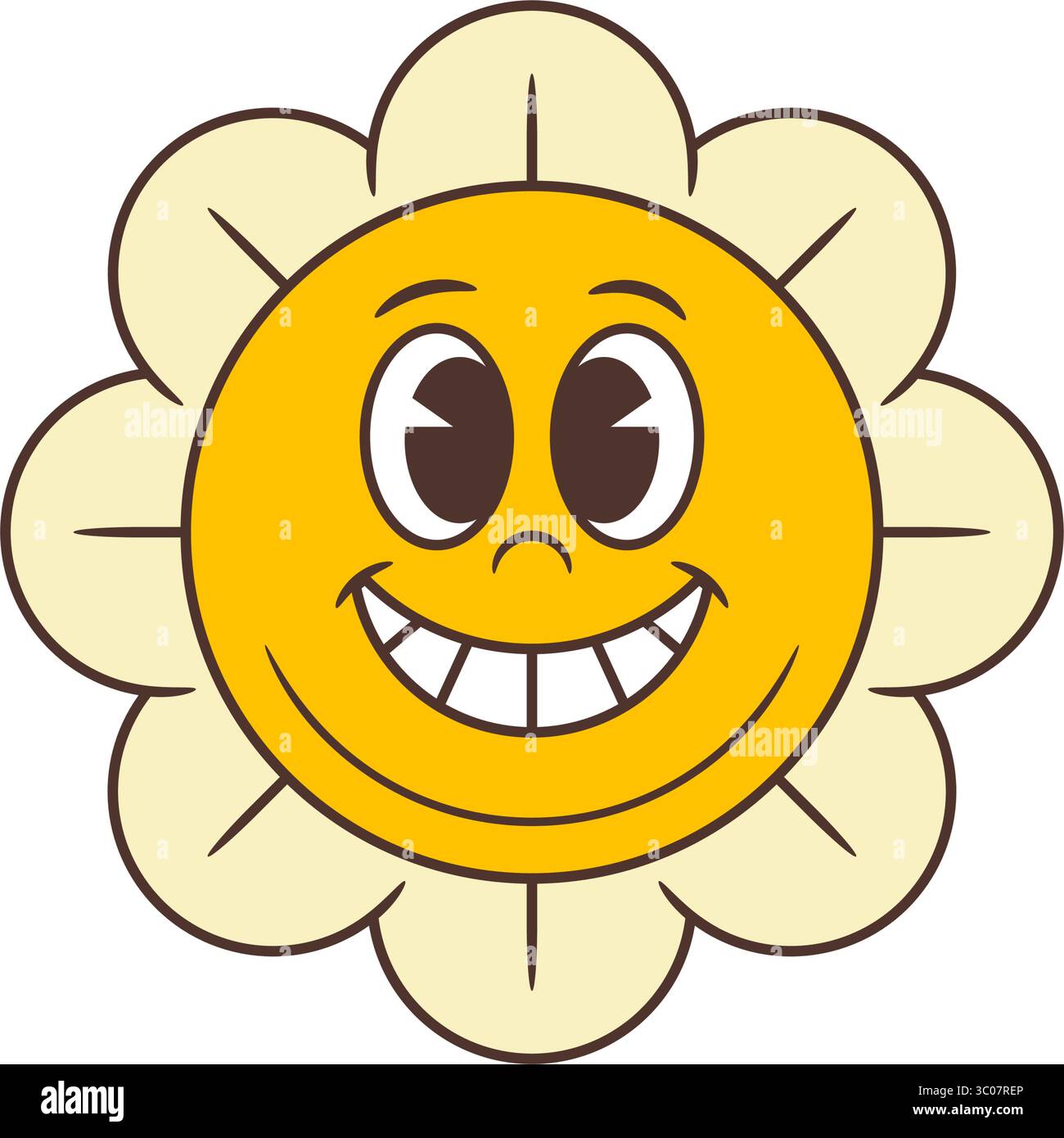 Helle Zeichentrickblume mit ausdrucksstarken Augen, einem zahnartigen Lächeln und symmetrischen Blütenblättern. Perfekt für Kinder Themen, Branding oder positive Emotionen Stock Vektor