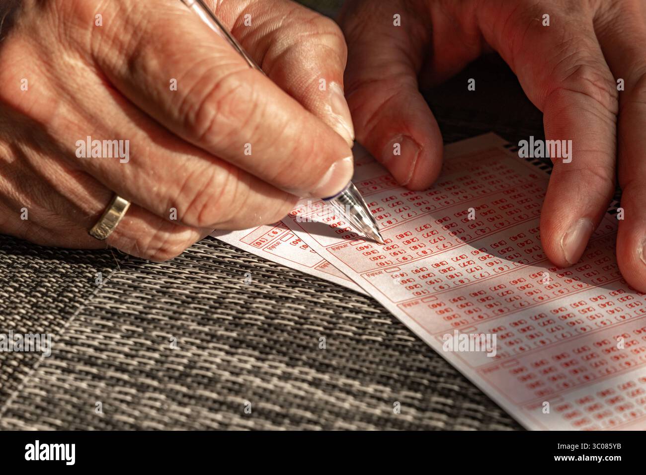 Das Ausstreichen von Glückszahlen in einer großen Geldverlosung, ein Lottoticket, das Markieren von Zahlen mit einem Stift auf einem Spielschein Stockfoto