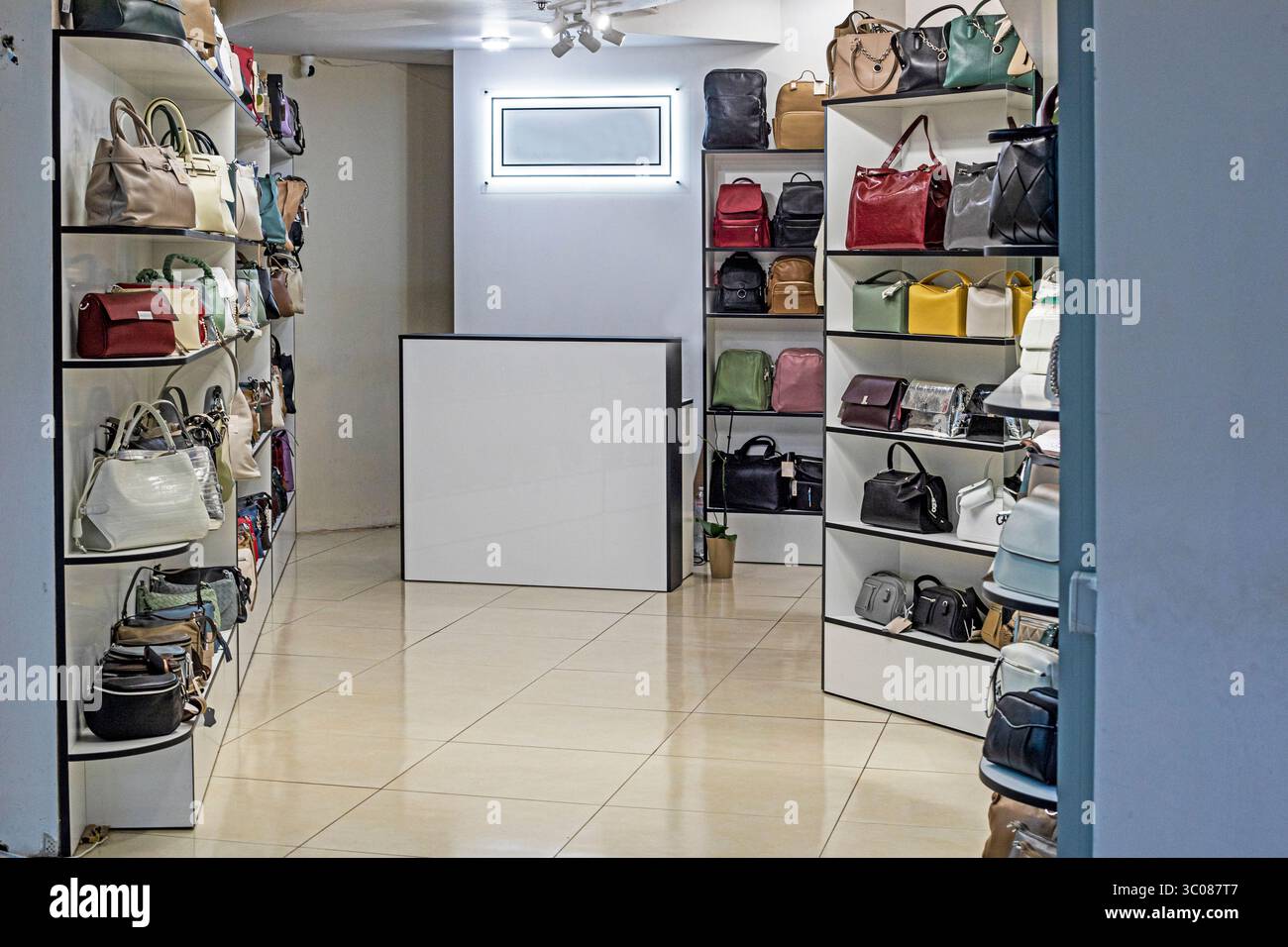 Stylische Damentaschen in verschiedenen Formen, Farben und Modegeschäften Stockfoto