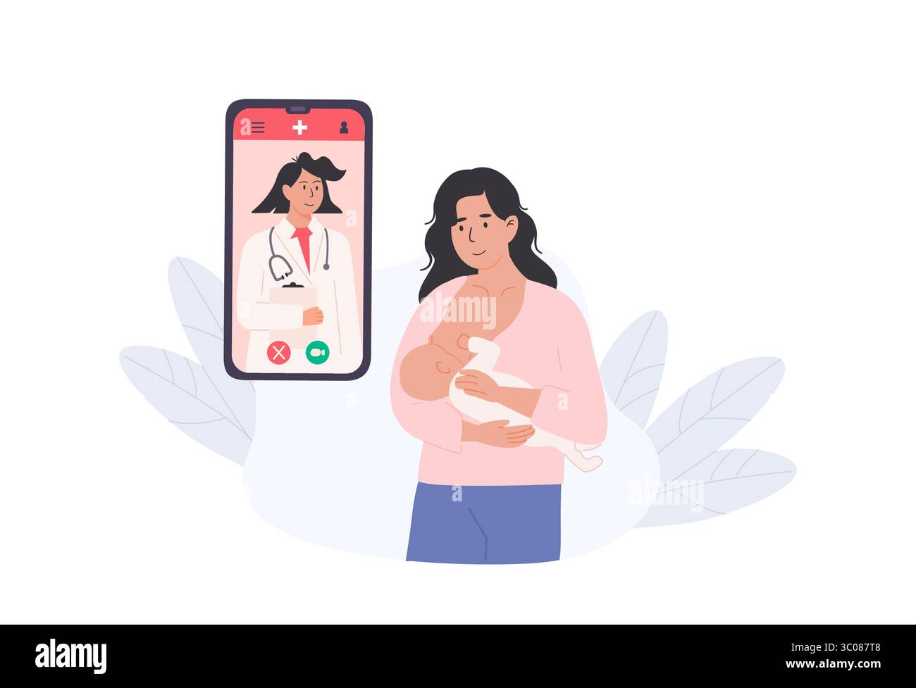 Glückliche Mutter mit mobiler App, um sich mit der Stillberatung beraten zu lassen. Digitale Gesundheitsförderung für neue Mütter. Abgewickelter Vektor Stock Vektor