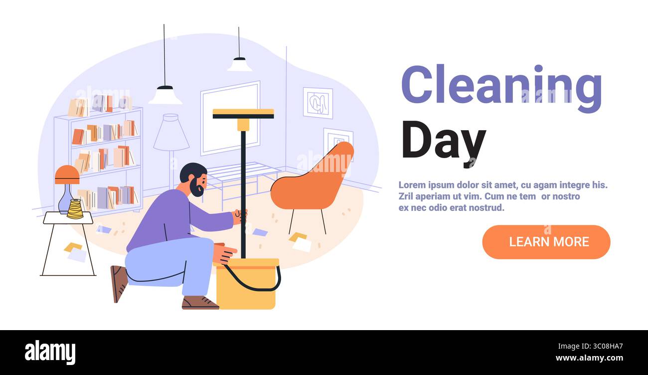 Mann reinigt Wohnzimmer Innenraum mit Mopp Bücherregal Lampe verstreute Papiere gemütliche Heimszene moderne Möbel Pastellfarben Website Banner Stock Vektor