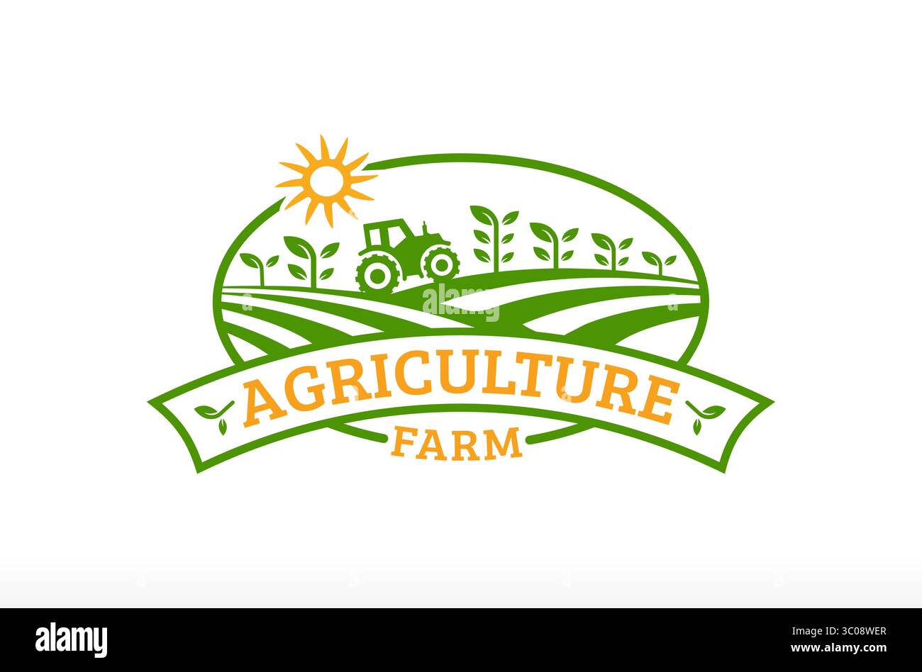 Landwirtschaft Bauernhof Land Logo Traktor und Baum Pflanze Logo Design Vektor Symbol Silhouette Illustration Marke Unternehmen, grüne Lebensmittel Landwirtschaft Stock Vektor