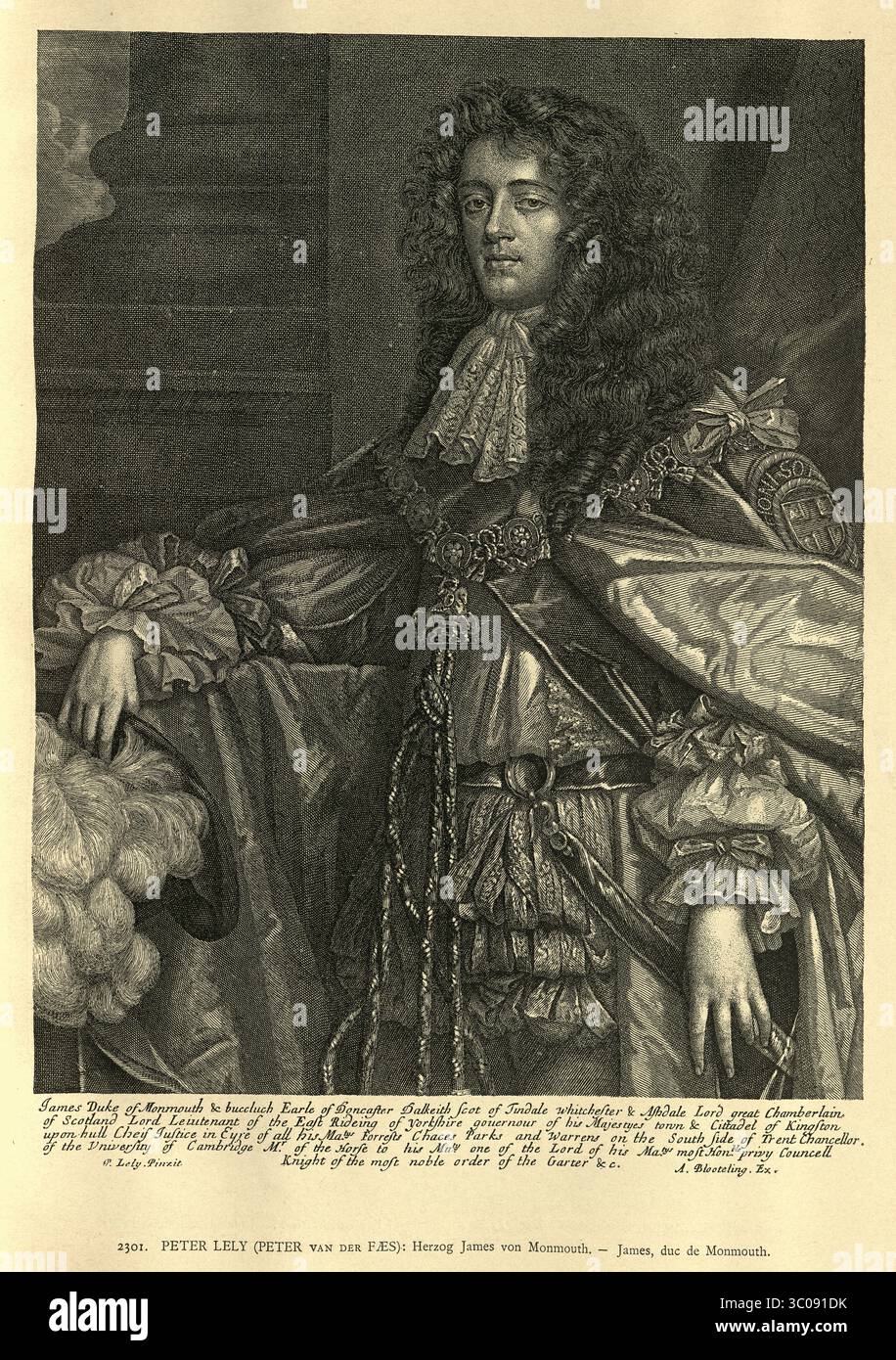James Scott, 1. Duke of Monmouth, ein englischer Adliger und Offizier, der älteste uneheliche Sohn von Karl II. Von England mit seiner Geliebten Lucy Walter, Kunst des 17. Jahrhunderts, Vintage Illustration Stockfoto