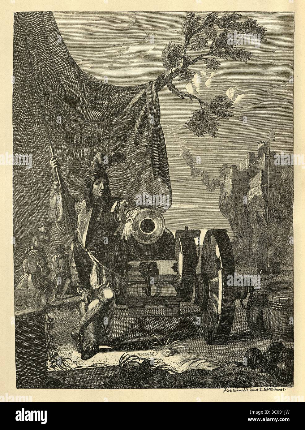 Militärgeschichte, Artilleriesoldat bei einem Kanon, Kunst des 17. Jahrhunderts, Deutsch nach Johann Heinrich Schönfeld, Vintage-Illustration Stockfoto