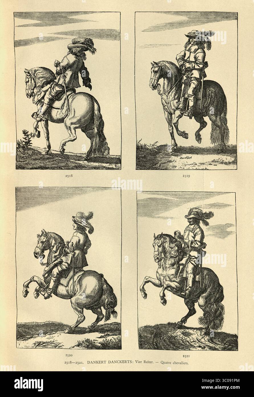 Militärgeschichte, Kavallerie-Soldaten zu Pferd, Kunst aus dem 17. Jahrhundert, Niederländisch nach Dancker Danckerts, Vintage-Illustration Stockfoto