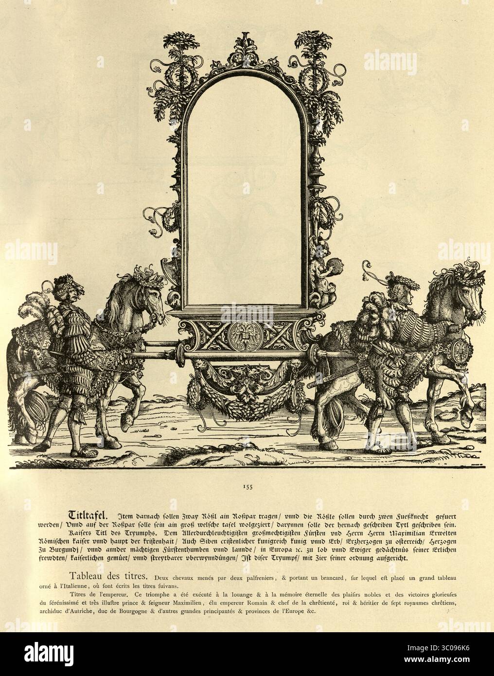 Renaissance-Kunst, zwei Bräutigame, die ein Pferd mit einem Banner führen, der Triumph des Kaisers Maximilian I., 16. Jahrhundert, deutscher Holzschnitt Stockfoto