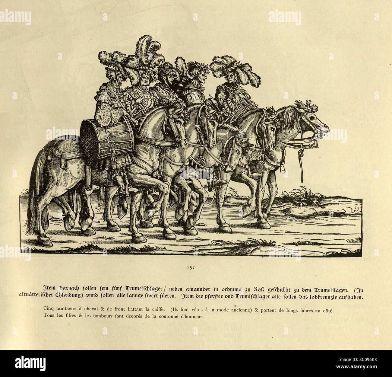 Renaissance-Kunst, berittene Trommler, die Pferde reiten, Trommel spielen, der Triumph des Kaisers Maximilian I., 16. Jahrhundert, deutscher Holzschnitt Stockfoto