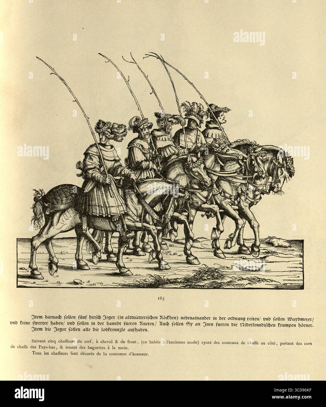 Renaissancekunst, Jagd, Hirschjäger reiten Pferde, der Triumph des Kaisers Maximilian I., 16. Jahrhundert, deutscher Holzschnitt Stockfoto