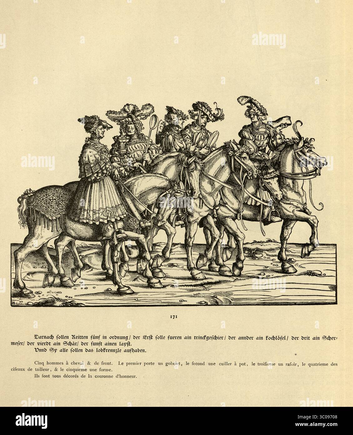 Renaissance-Kunst, Männer reiten Pferde, Tragen, Cup, Löffel, Sicssors, Schuh, der Triumph des Kaisers Maximilian I. des Heiligen Römischen Kaisers, 16. Jahrhundert, deutscher Holzschnitt Stockfoto