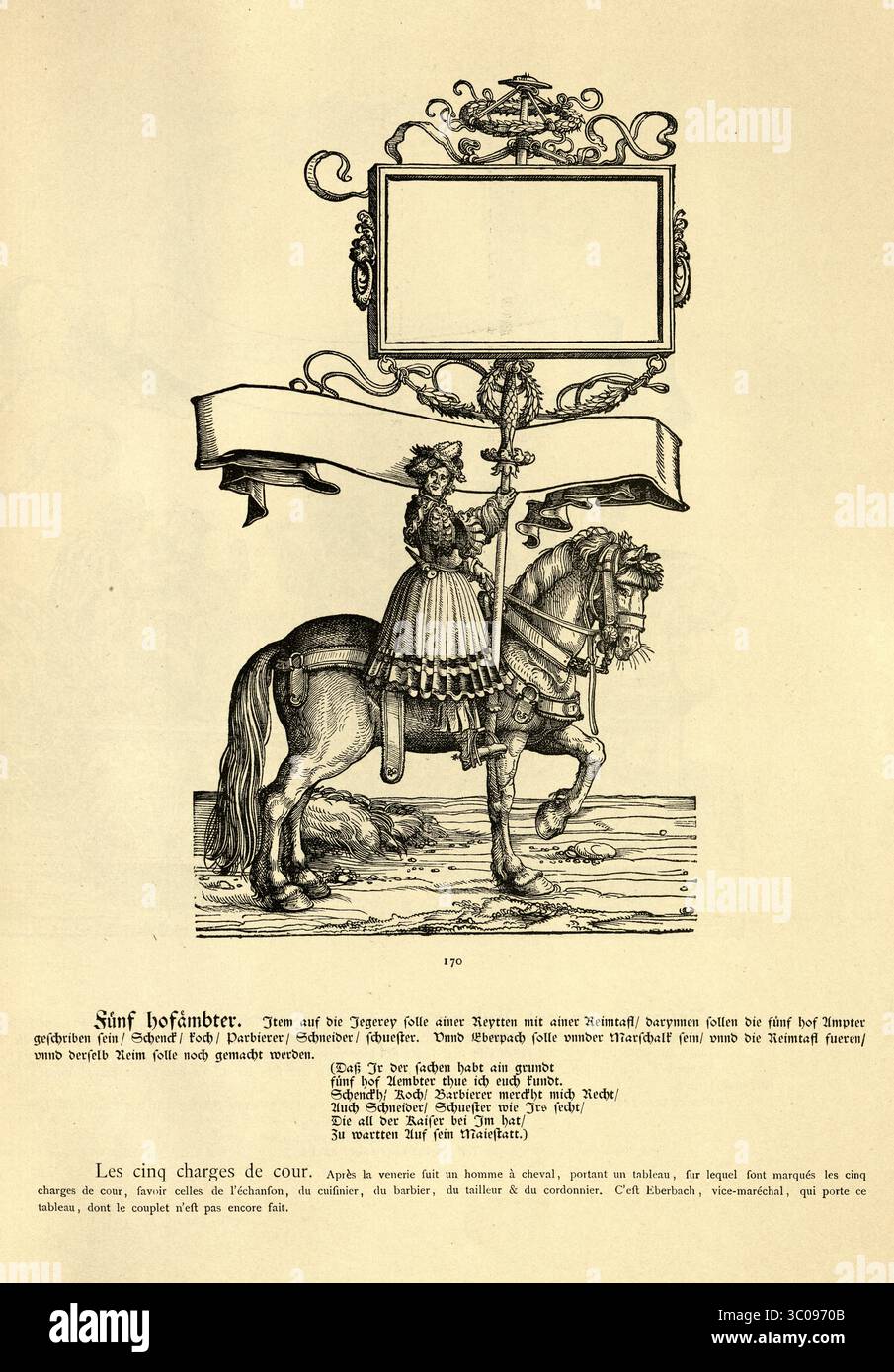 Renaissancekunst, montierter Fahnenträger mit Fahne, Reitpferd, der Triumph Maximilians I. des Heiligen Römischen Kaisers, 16. Jahrhundert, deutscher Holzschnitt Stockfoto