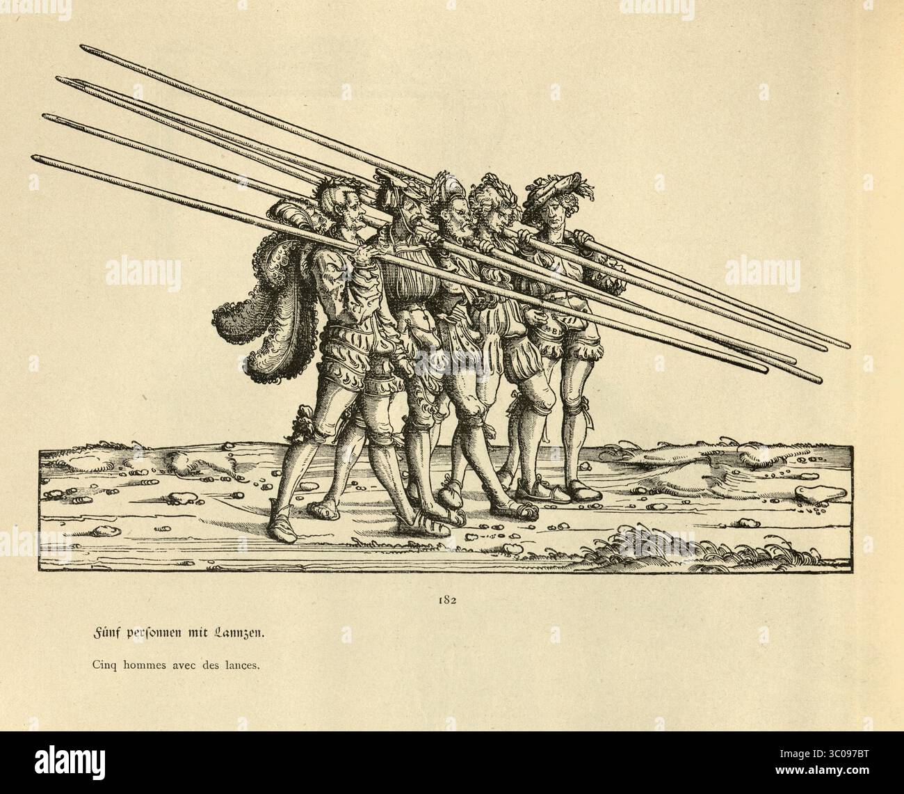 Fünf Infanterie-Soldaten mit Speeren oder Hechten, Renaissance-Kunst, Parade, der Triumph Maximilians I. des Heiligen Römischen Kaisers, 16. Jahrhundert, deutscher Holzschnitt Stockfoto