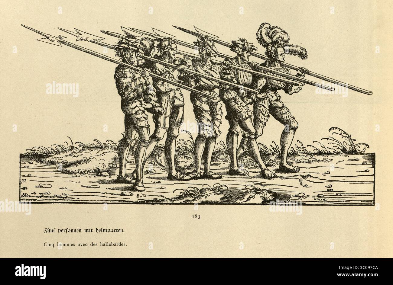 Militärgeschichte, fünf Infanterie-Soldaten mit Hellebarden, Renaissance-Kunst, Parade, Triumph des Kaisers Maximilian I., 16. Jahrhundert, deutscher Holzschnitt Stockfoto