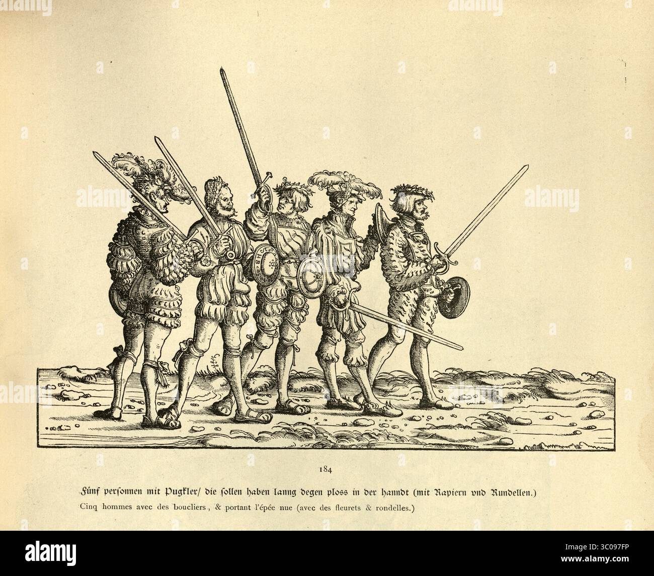 Militärgeschichte, fünf Infanteriesoldaten bewaffnet mit Schwertern und Schilden, Renaissance-Kunst, Parade, Triumph des Kaisers Maximilian I., 16. Jahrhundert, deutscher Holzschnitt Stockfoto