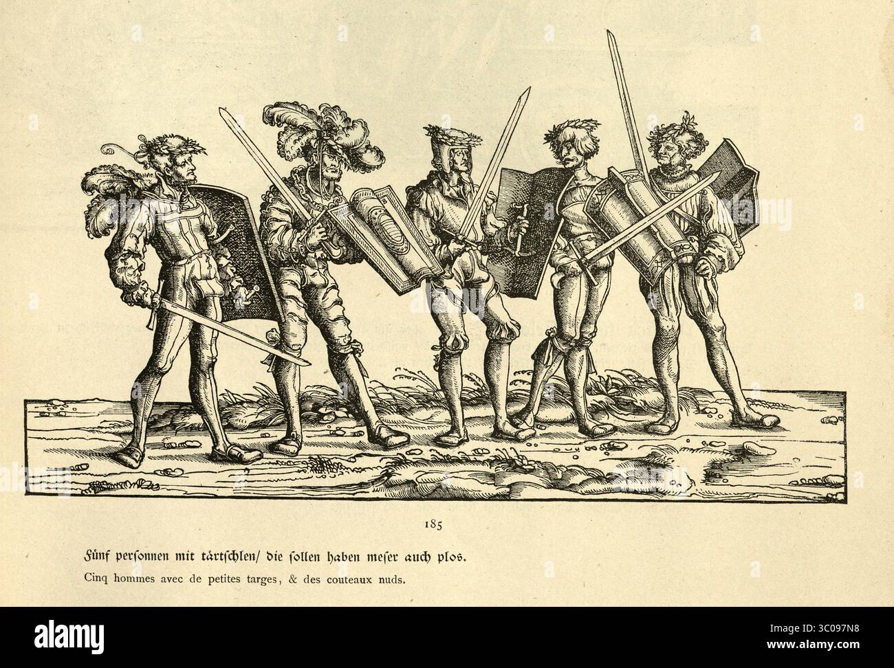 Militärgeschichte, fünf mit Schwertern und Schilden bewaffnete Infanterie-Soldaten, Renaissance-Kunst, Parade, Triumph des Kaisers Maximilian I., 16. Jahrhundert, deutscher Holzschnitt Stockfoto