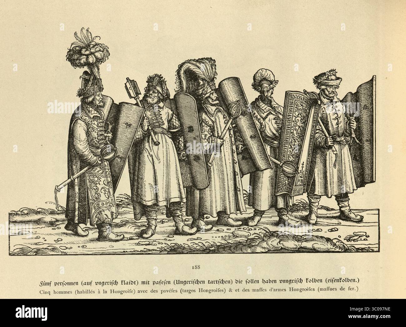 Militärgeschichte, fünf ungarische Infanterie-Soldaten bewaffnet mit Arschen und Schilden, Renaissance-Kunst, Parade, Triumph des Kaisers Maximilian I., 16. Jahrhundert, deutscher Holzschnitt Stockfoto