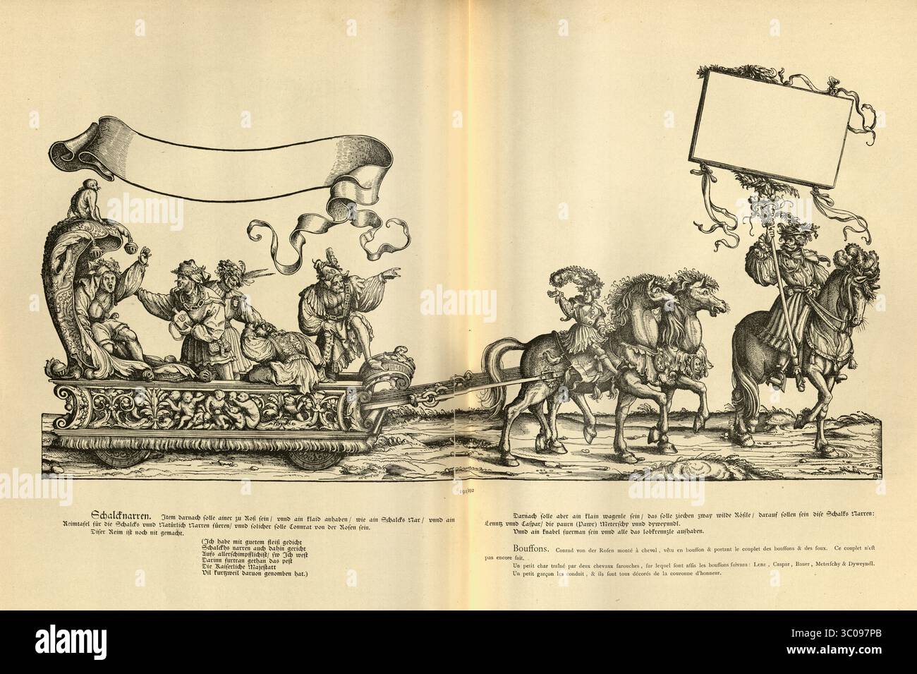 Renaissancekunst, Narren und Hofnarren auf Pferden, Parade, Triumph des Kaisers Maximilian I., 16. Jahrhundert, deutscher Holzschnitt Stockfoto