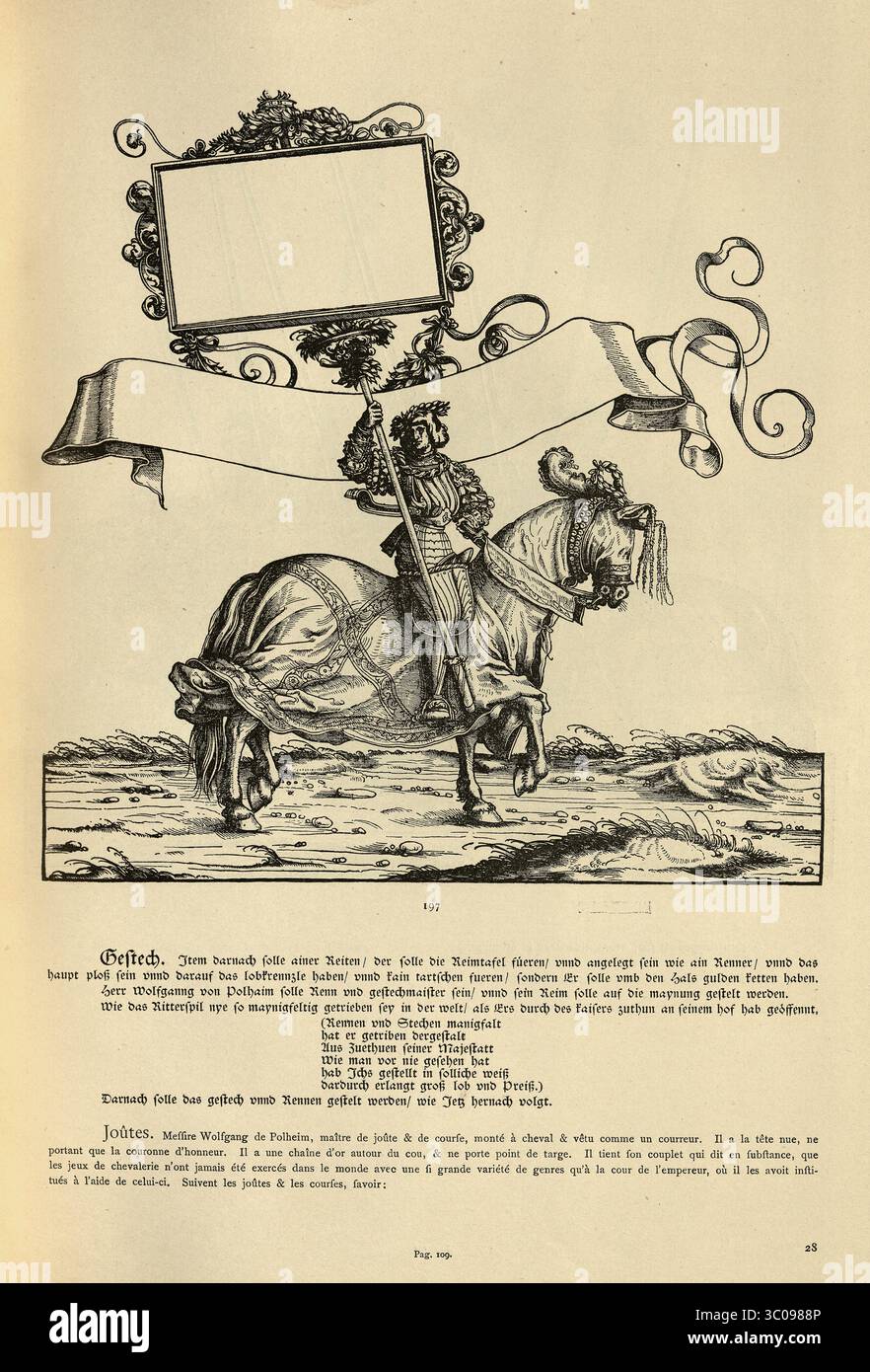 Renaissancekunst, Turnier-Standardträger auf einem Pferd, der Triumph des Kaisers Maximilian I., 16. Jahrhundert, deutscher Holzschnitt Stockfoto