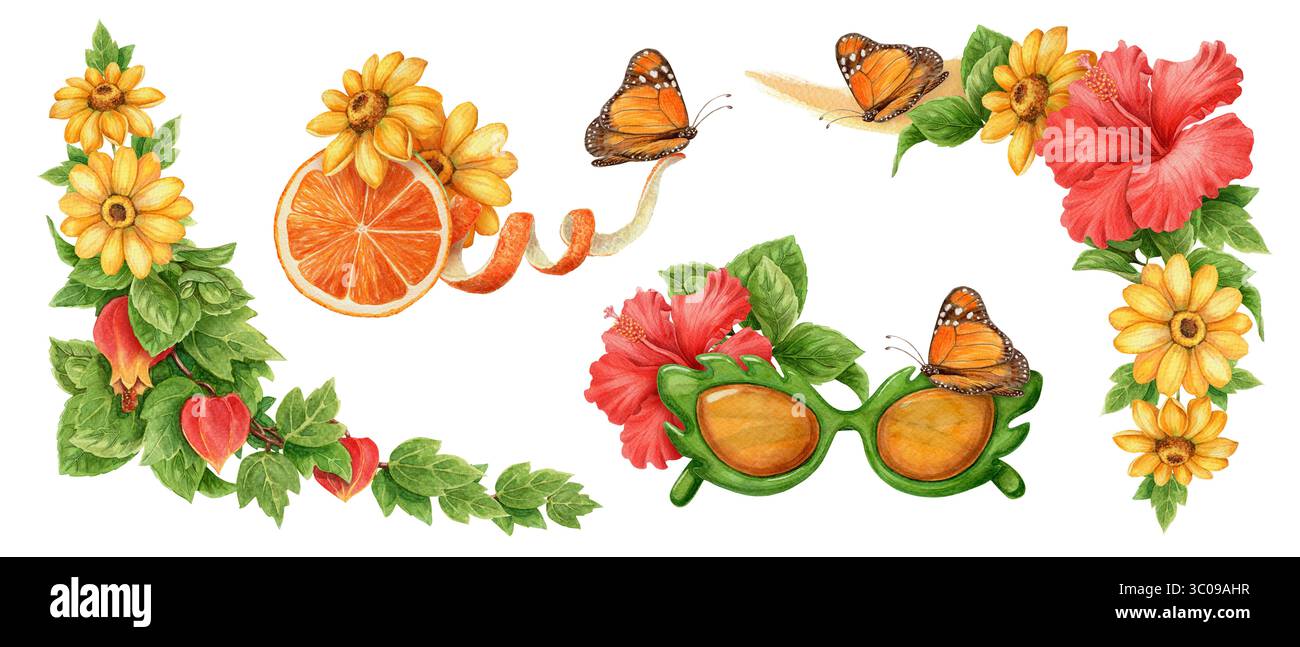 Set aus Monarch-Schmetterling und -Blüte im Sommer-Design. Handgezeichnetes Aquarell mit Obst und Sonnenbrillen zur Dekoration tropischer Feiertage. Hell Stockfoto