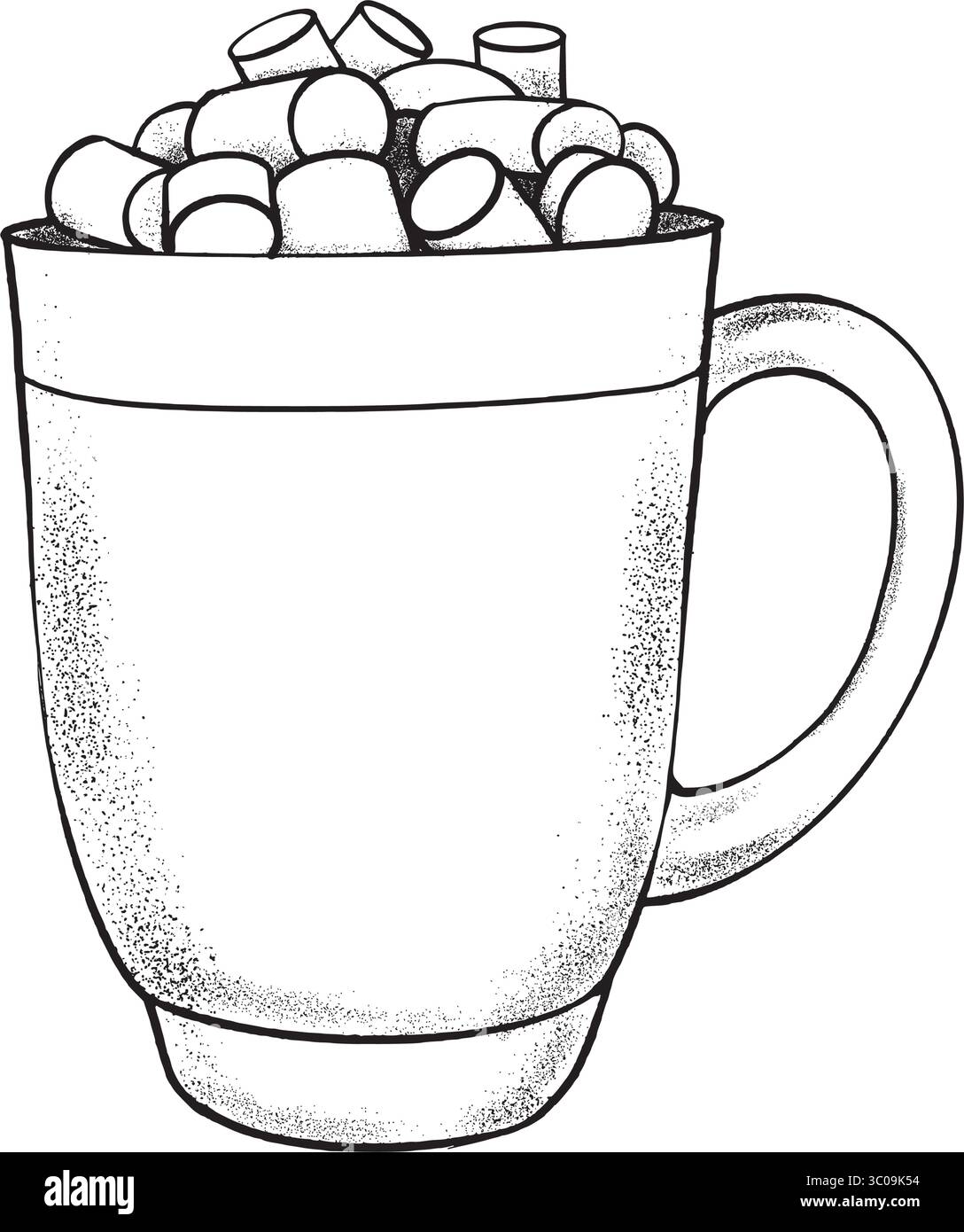 Tasse Kakao mit Marshmallows, Zeichnung in Vektorgrafik. Ideal für Wintermotive, Weihnachtskarten, saisonale Einrichtung, Cafémenüs und gemütliche Pakete Stock Vektor