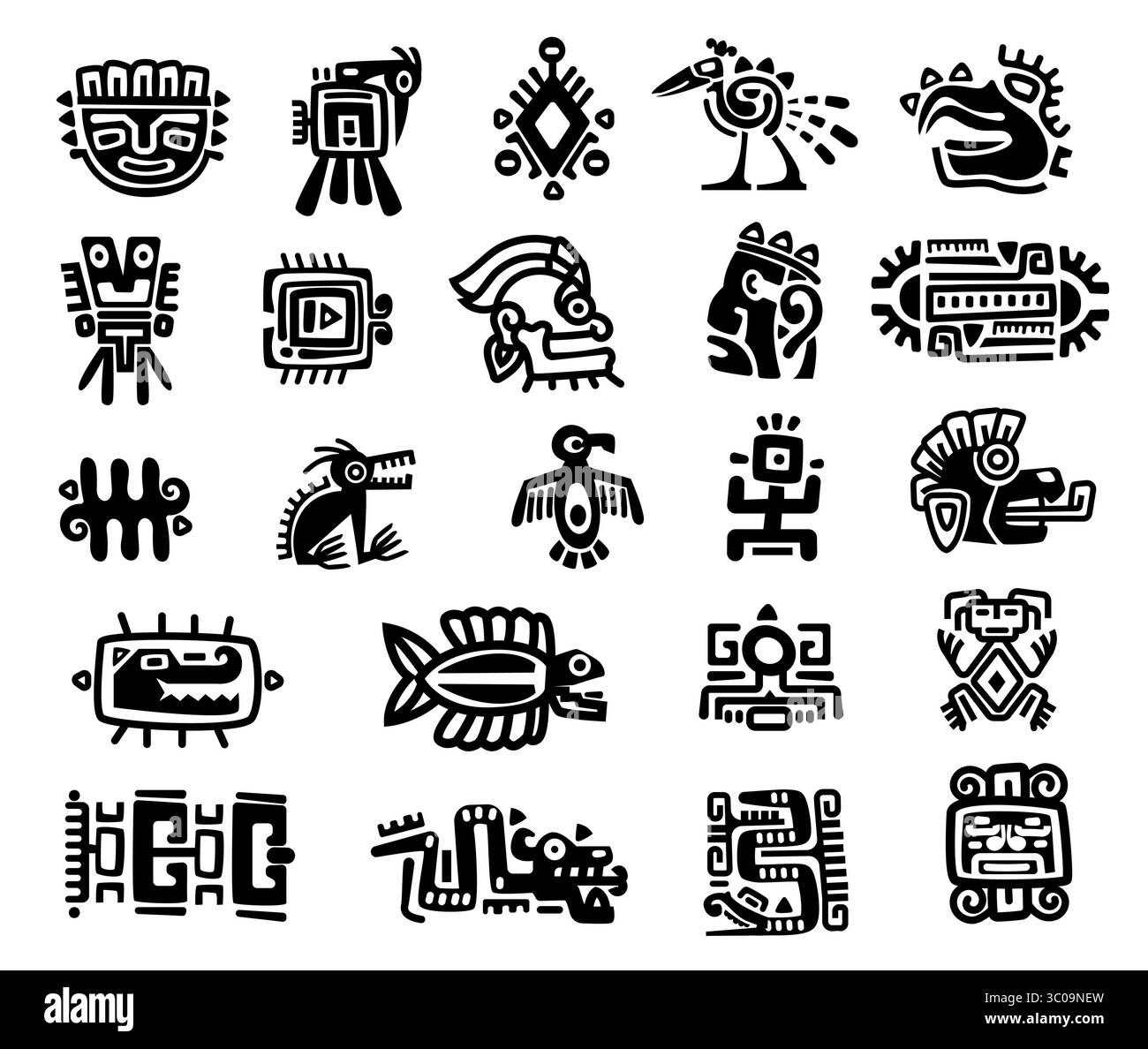 Antike Stämme der aztekischen, Inka- und mexikanischen Kulturen. Masken, Totems, Tiere, Götter und geometrische Symbole. Spirituelle mythologische Elemente. Fett Stock Vektor