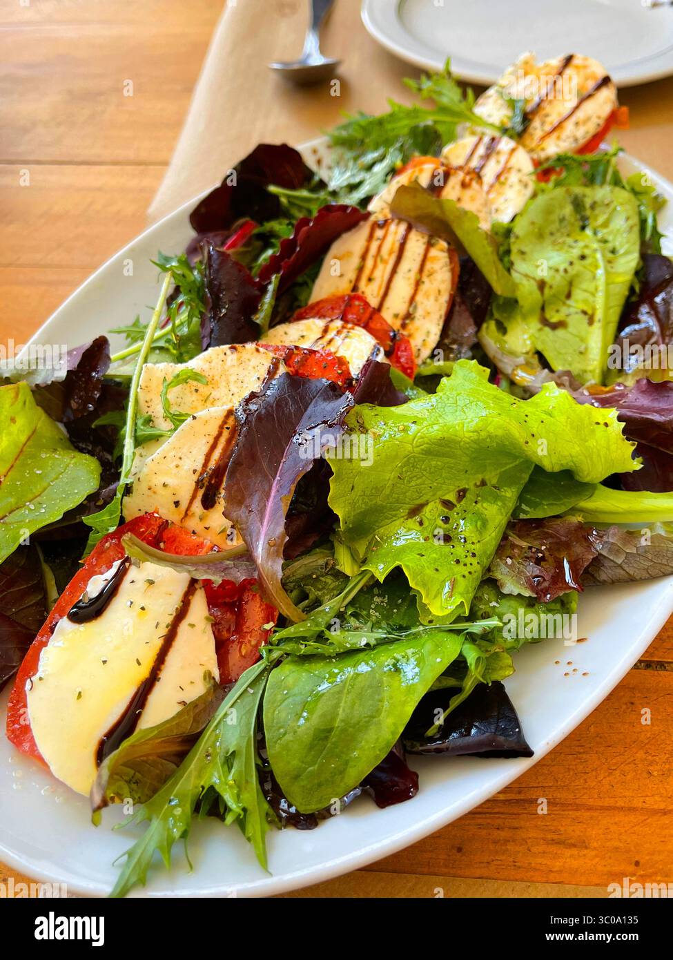 Salat aus Salat. Tomaten, Mozzarella-Käse, Olivenöl und Modena-Essig. Stockfoto