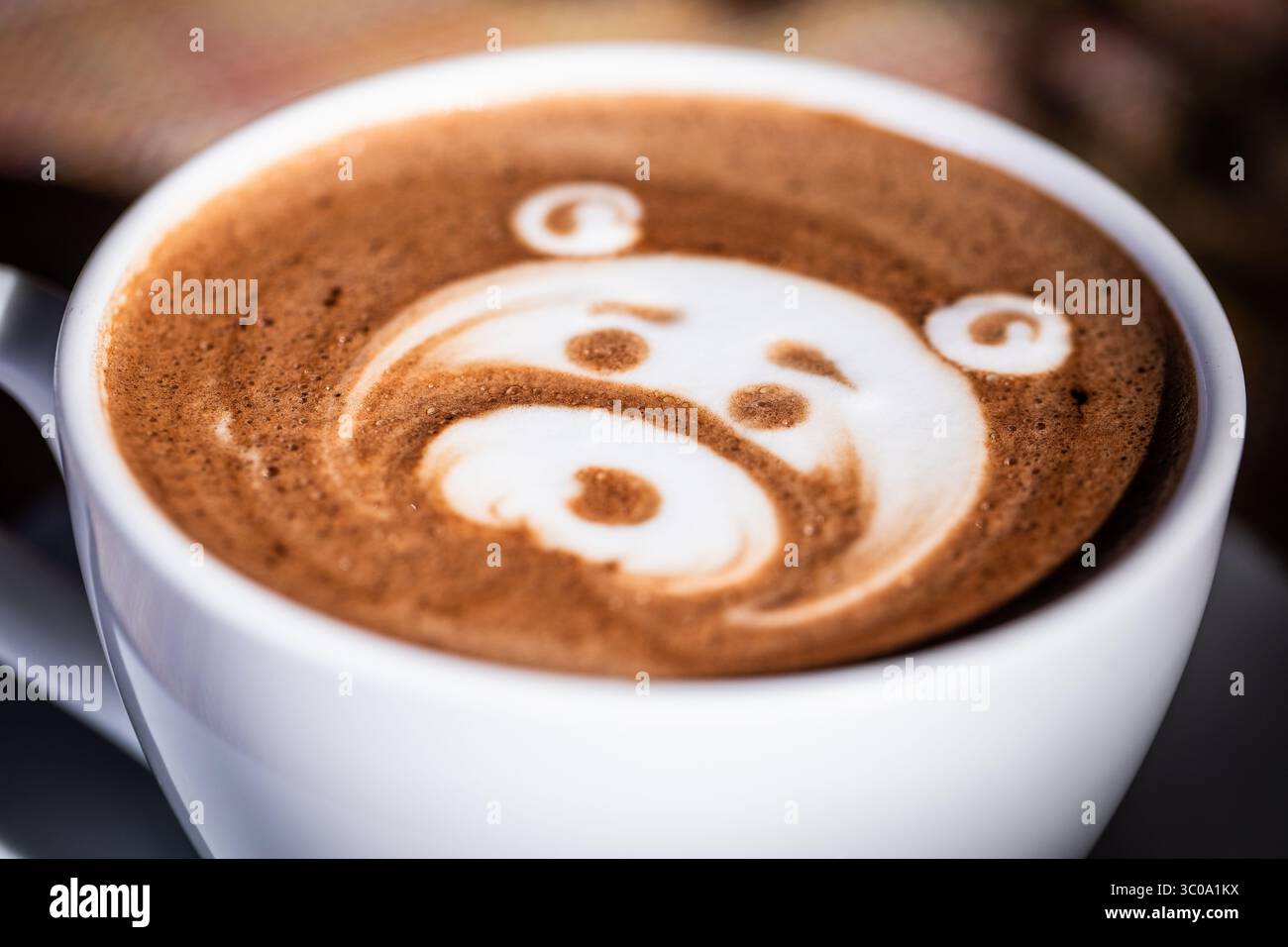 Nahaufnahme von Schaumstoff Latte mit Schaumkunst im Morgenlicht Stockfoto