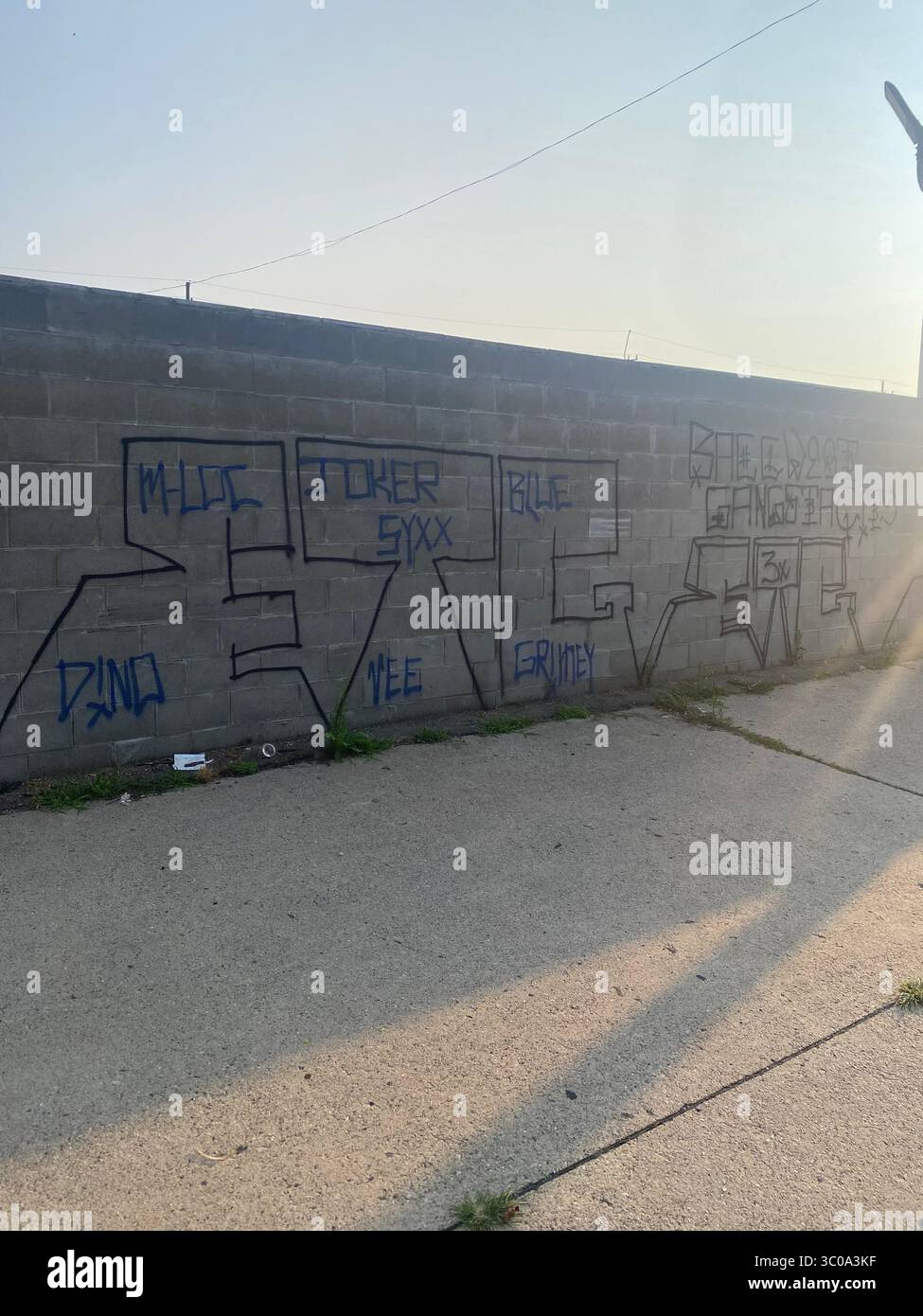 ScoreGang, eine Detroit Crips-Untergruppe, große „ETG“; „BACCWEST GANGSTA CITY“, Wandgemälde in einer lokalen Gasse, mehrere Mitglieder mit Namen in einem „Roll Call“ markiert - Smartphone-aufgenommenes Stockfoto