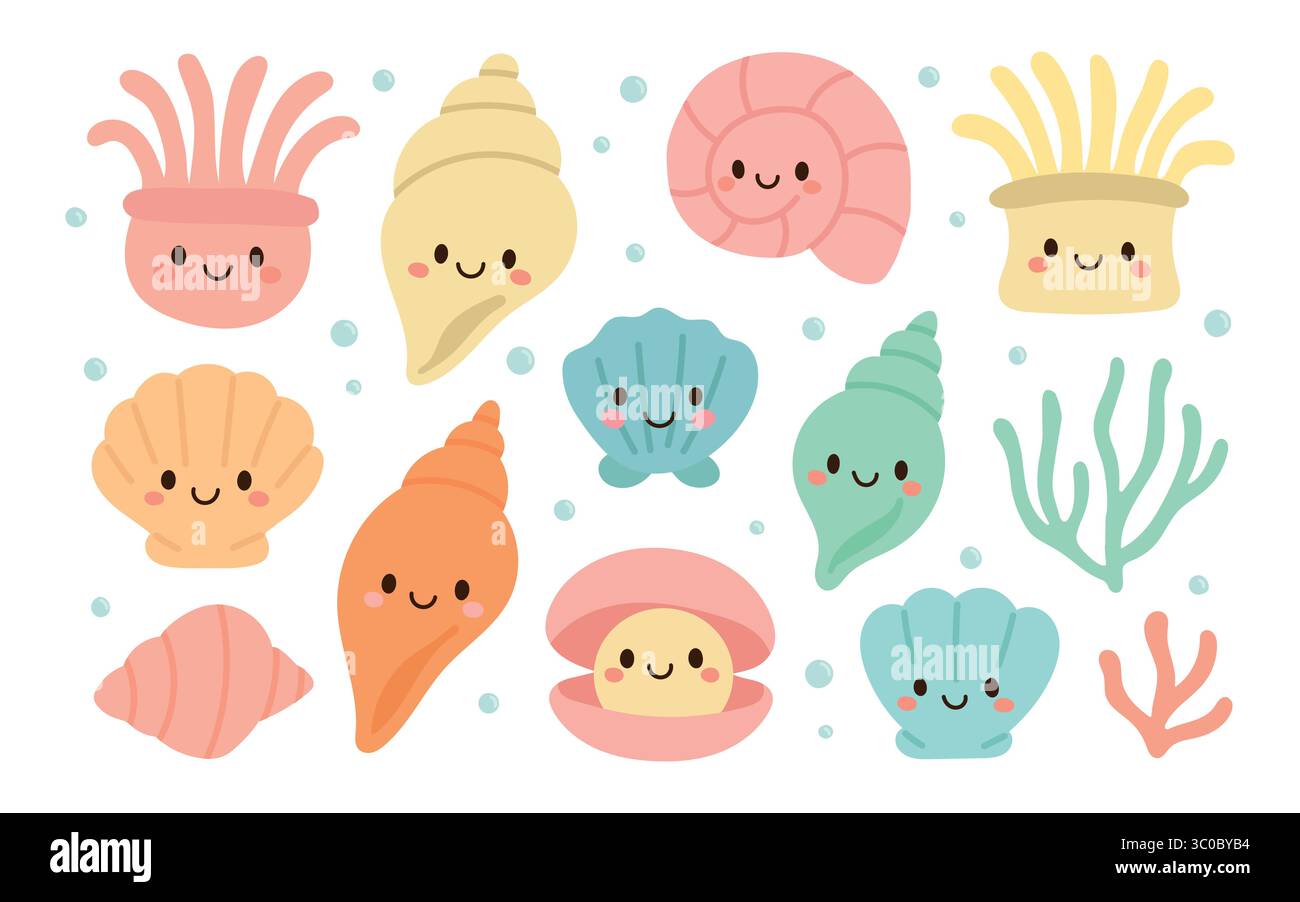 Fröhliche Meeresbewohner wie Muscheln, Korallen und Blasen in Pastellfarben bilden ein kawaii Unterwasser-Illustrationsset, das perfekt für Grafiken und Aufkleber für Kinder ist Stock Vektor