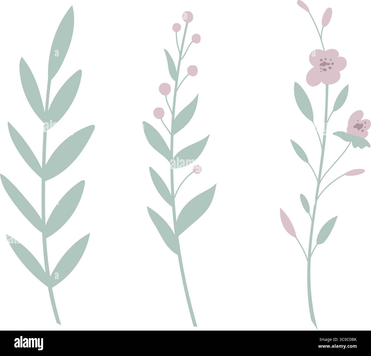 Vektor-Illustration von pastellfarbenen Blütenstämmen mit Blättern und Blumen. Pflanzenkunst für botanische Drucke oder Kinderdesigns. Zeichnung von Kräutern für Hochzeitseinladungen oder Grußkarten zur Babyparty. Stock Vektor