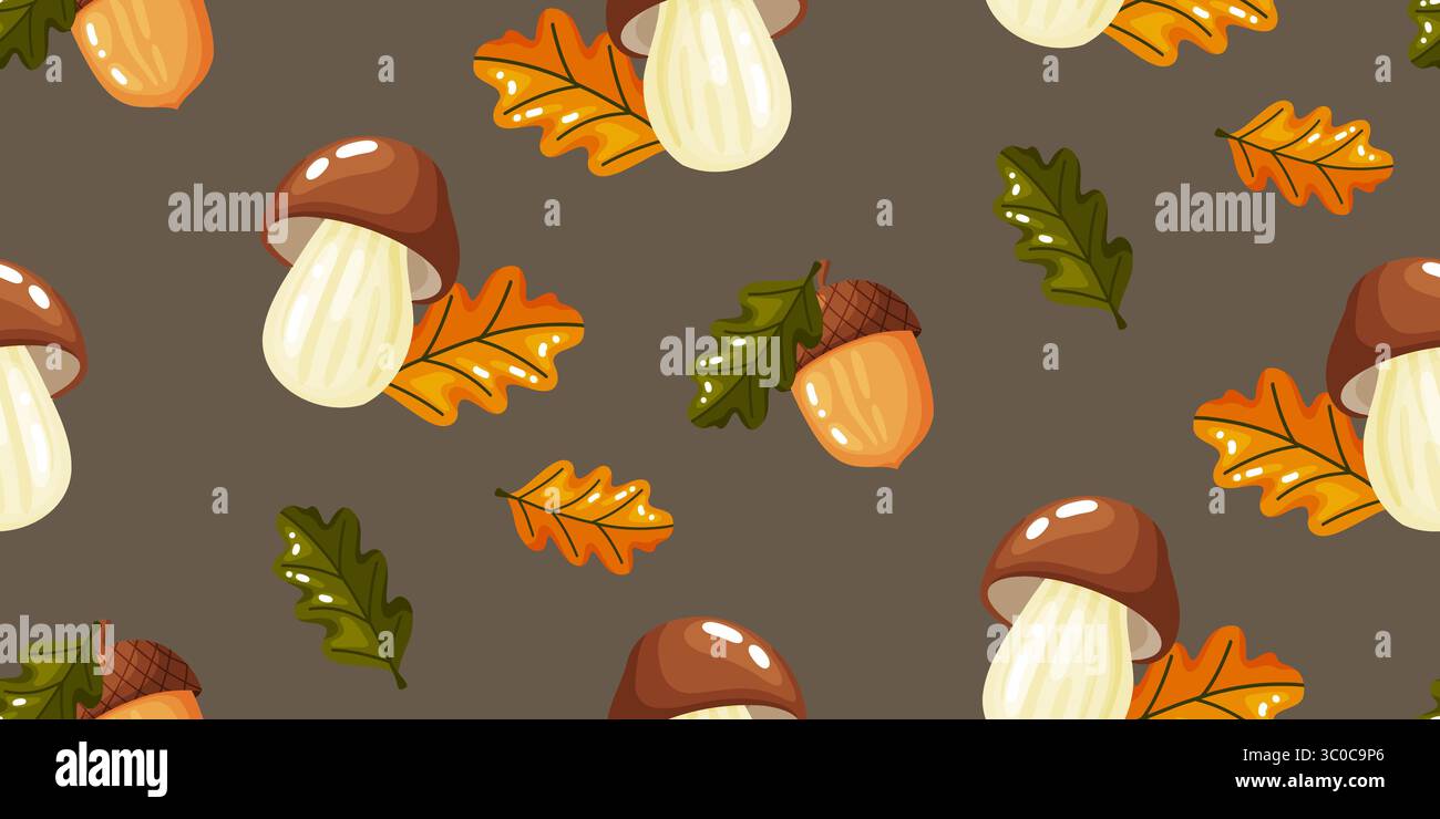 Nahtloses Herbstmuster mit braunen Pilzen, goldenen Eicheln und verstreuten Orangen- und grünen Eichenblättern. Dieses Design fängt Waldbewirtschaftung und Natur ein Stock Vektor
