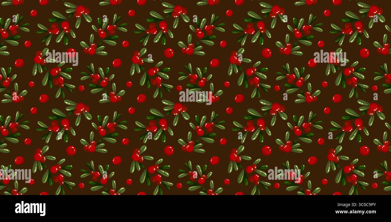 Nahtloses Muster mit tiefroten Beeren und satten grünen Blättern auf dunkelbraunem Hintergrund. Dieses warme festliche Design ist perfekt für die Weihnachtszeit Stock Vektor