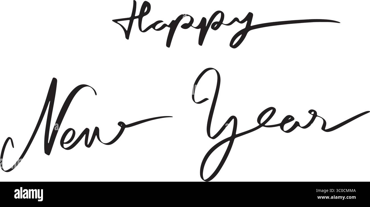 Happy New Year Text Schriftart Kalligrafie handgeschriebene Buchstaben schwarze Farbe Objekt Symbol Happy New Year Frohe weihnachten Xmas dezember Zeit Winter Saison EVV Stock Vektor