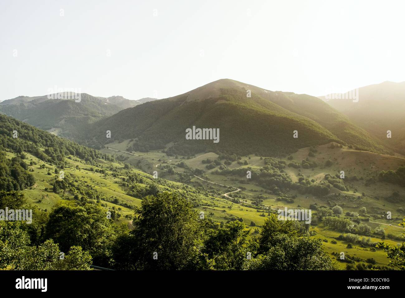 Blick auf die Straße durch grüne Hügel bei Sonnenuntergang, Nationalpark der Abruzzen, Latium und Molise, Italien Stockfoto