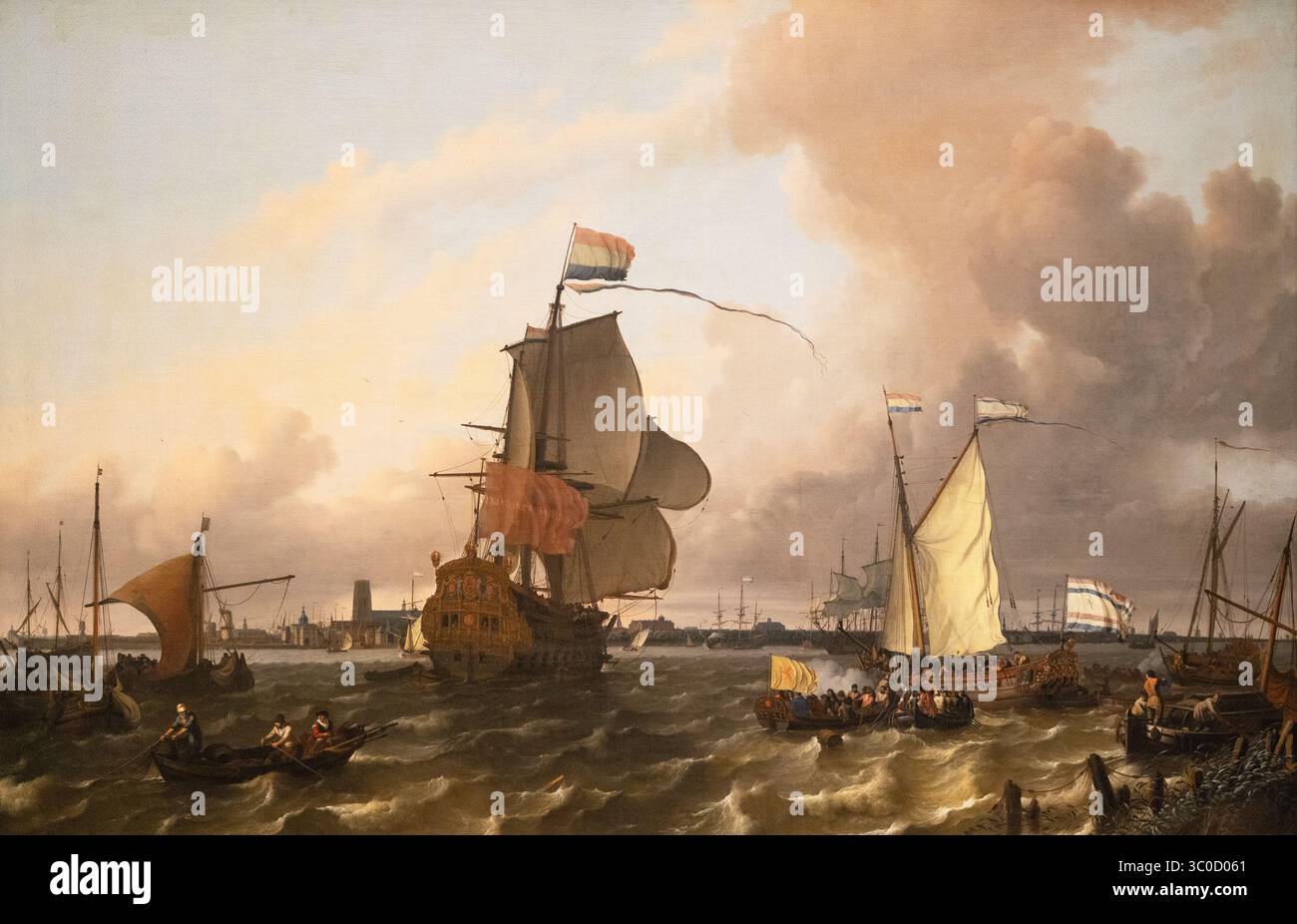 Ludolf Bakhuysen 'der Mann des Krieges Brielle auf dem Fluss Maas vor Rotterdam' 1689. Das Schiff, das Prinz Wilhelm III. Nach England brachte. Englische Geschichte. Stockfoto