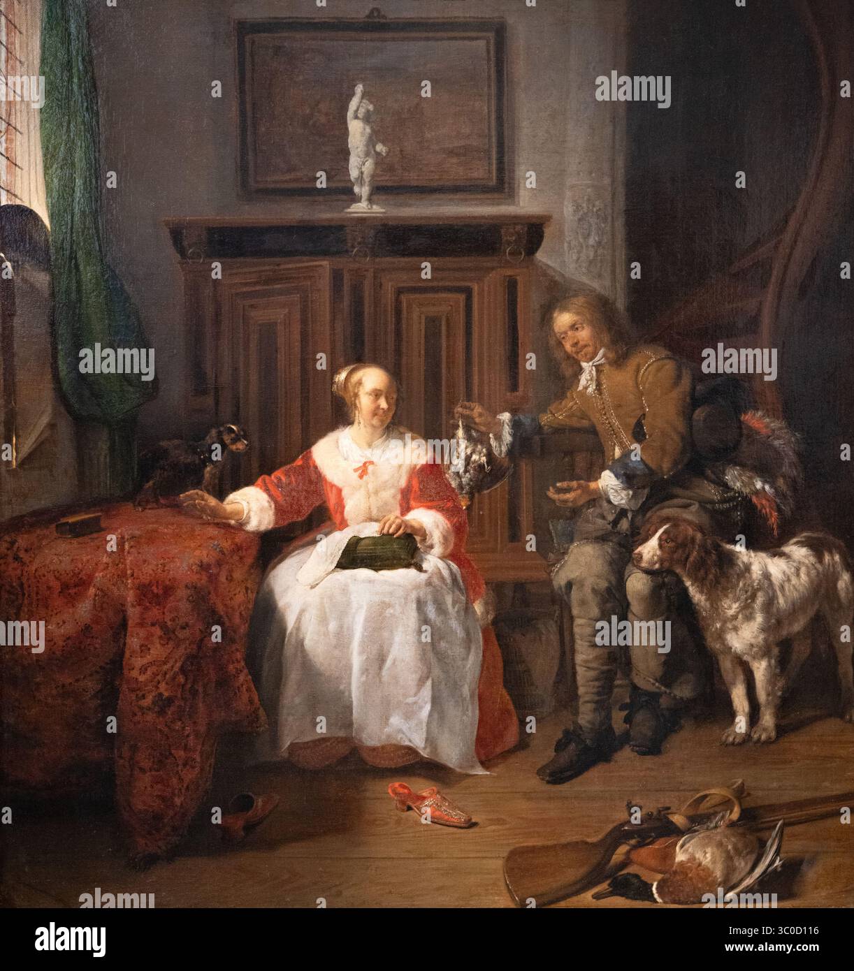 Gabriel Metsu, "Die Jäger Anwesend" 1658-61. Niederländisches Goldenzeitgemälde des 17. Jahrhunderts Versuch der Romantik Stockfoto
