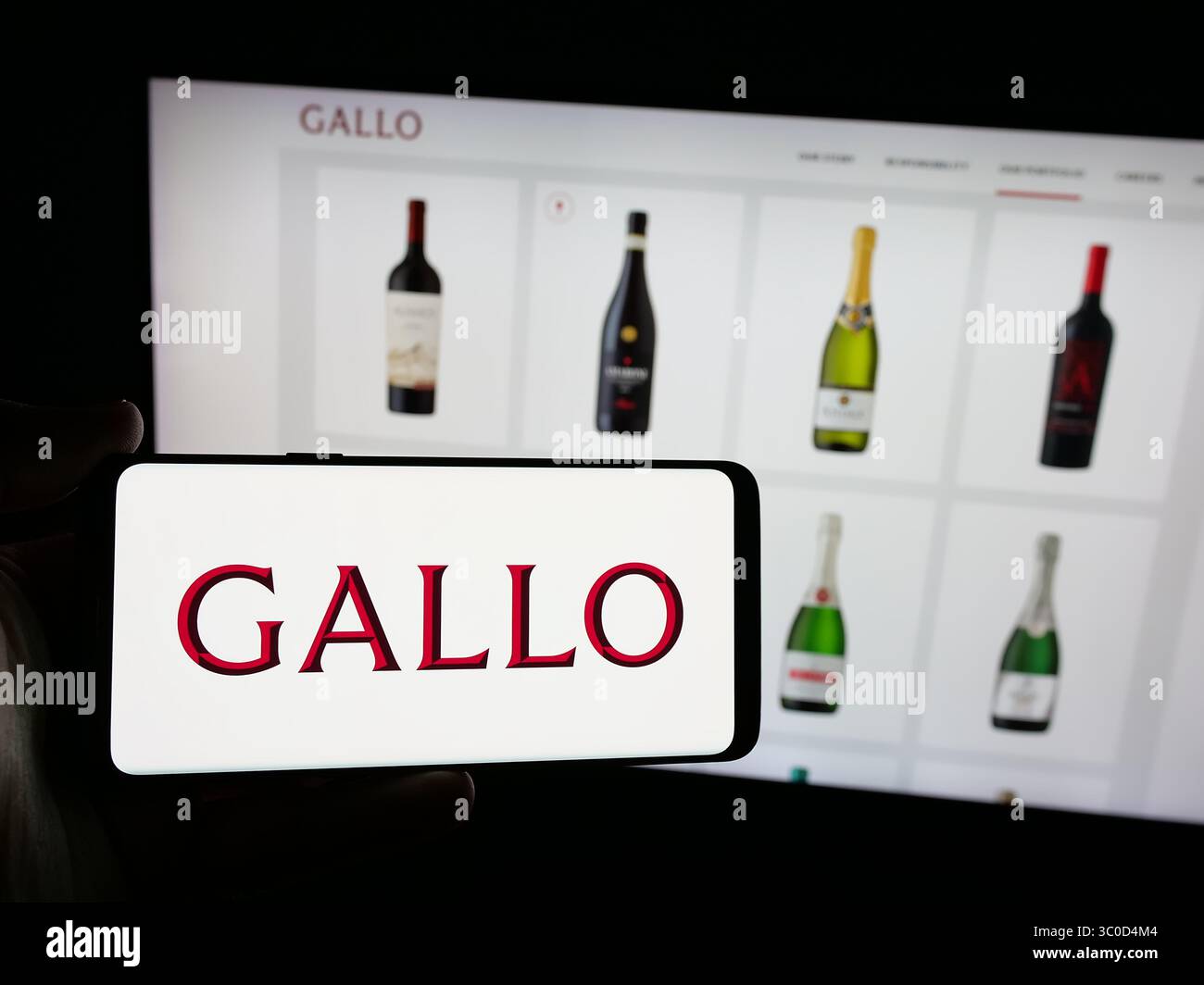 Stuttgart, Deutschland, 17. 05. 2025: Person mit Smartphone und Logo des US-amerikanischen Weinherstellers E. J. Gallo Winery auf dem Bildschirm vor der Website. Stockfoto
