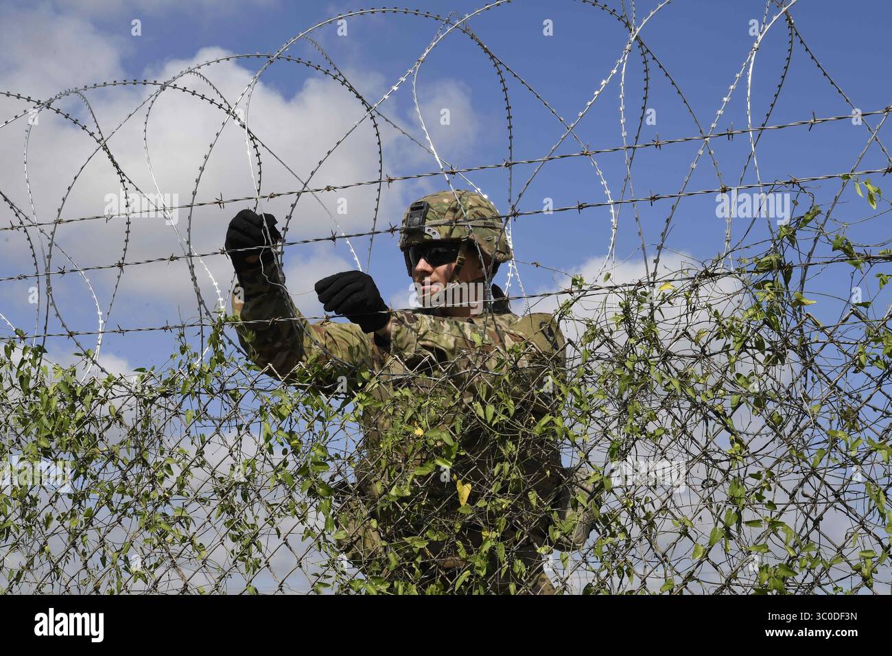 6. November 2018: Donna, TX, Vereinigte Staaten von Amerika - Soldaten der US-Armee der 541. Sapper Company, installieren an der mexikanischen Grenze an der Donna Rio Bravo International Bridge am 6. November 2018 Donna, Texas. Die Truppen werden auf Befehl von Präsident Donald Trump an die Grenze zwischen den USA und Mexiko verlegt, um die Honduranische Migrantenkarawane abzufangen. (Foto: © Daniel A. Hernandez via ZUMA Wire) Stockfoto