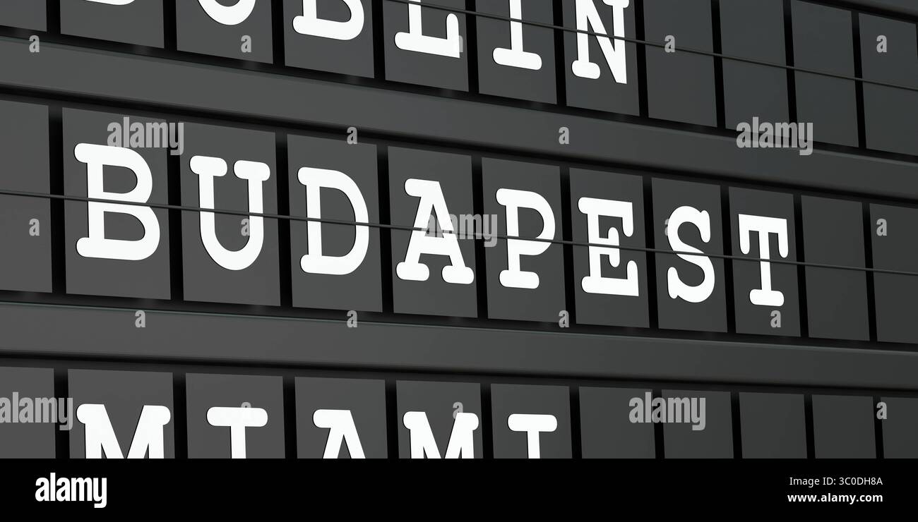 Budapest, Ungarn, Reiseziel, Abflugtafel am Flughafen. Budapest, Ungarn, Reiseziel, Abflugtafel am Flughafen. Tourismus, Buchung, Urlaub, Reisen, Urlaub, Reise. 3D-Illustrationsbanner_Travel_010s_Destination_budapest Stockfoto
