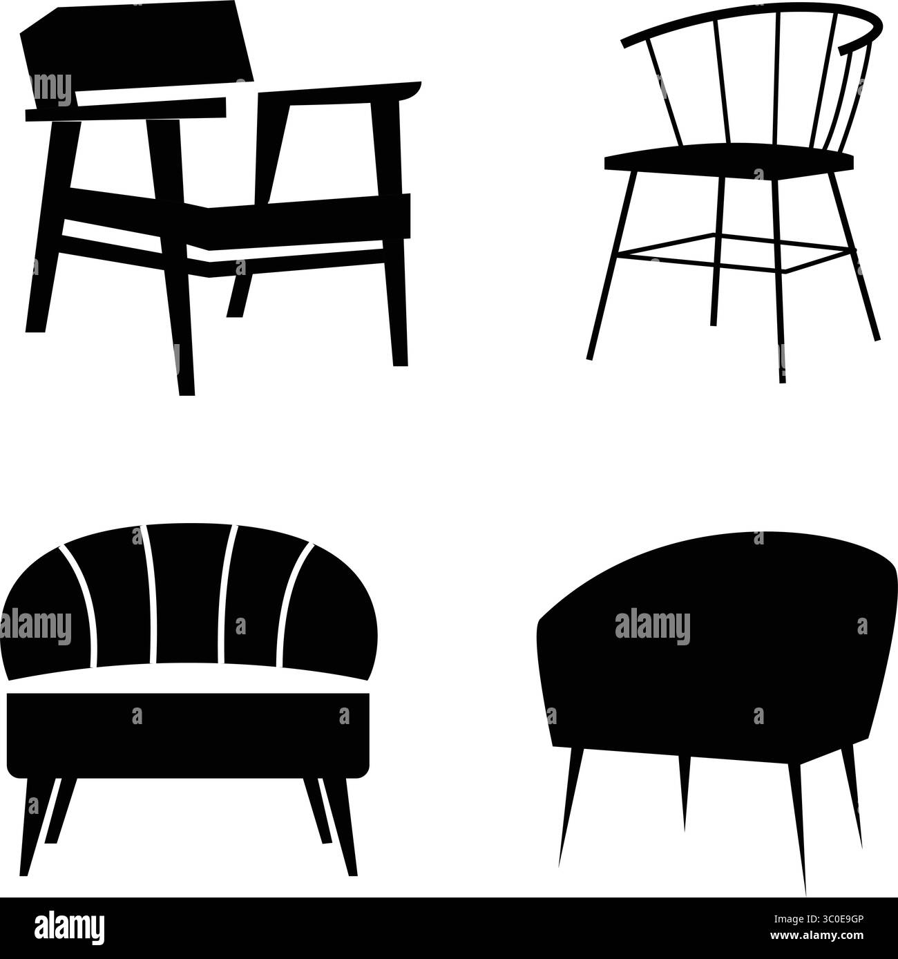 Moderne Stuhl-Vektor-Icons – Silhouette-Sammlung von Sesseln und Essstühlen Vektor-Illustration Stock Vektor
