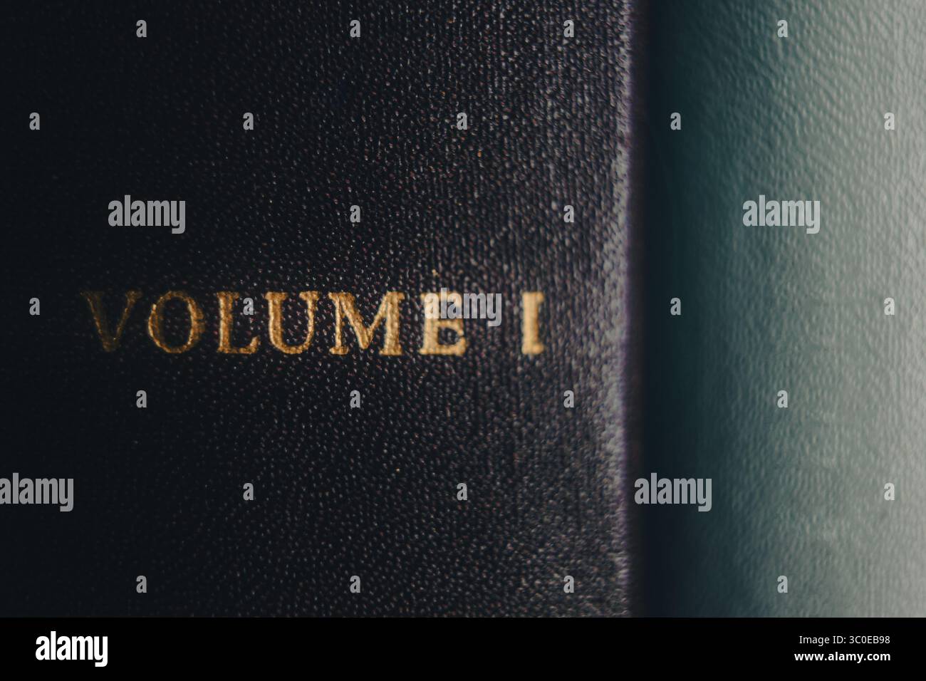 Band I Titel über alten Bucheinband, Makroansicht, konzeptionelle Komposition. Stockfoto