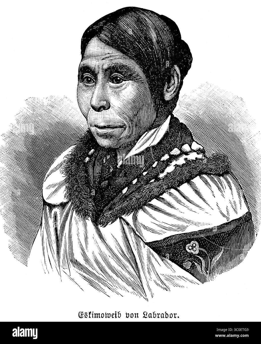 Eskimo Frau aus Labrador, Inuit, Porträt einer älteren Frau, Kanada, indigene Ethnie, Gesicht, glatte dunkle Haare, warme Kleidung, Lächeln, historisch Stockfoto