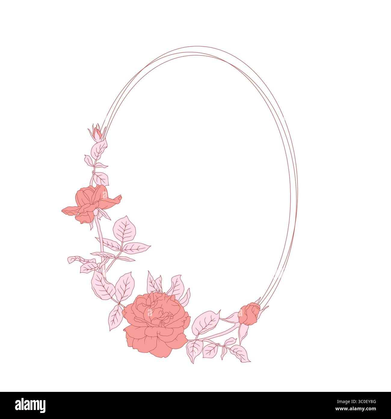 Hand gezeichnete Linie Kunst rosa Rose Blumen Ovalkranz isoliert auf weißem Hintergrund Stock Vektor