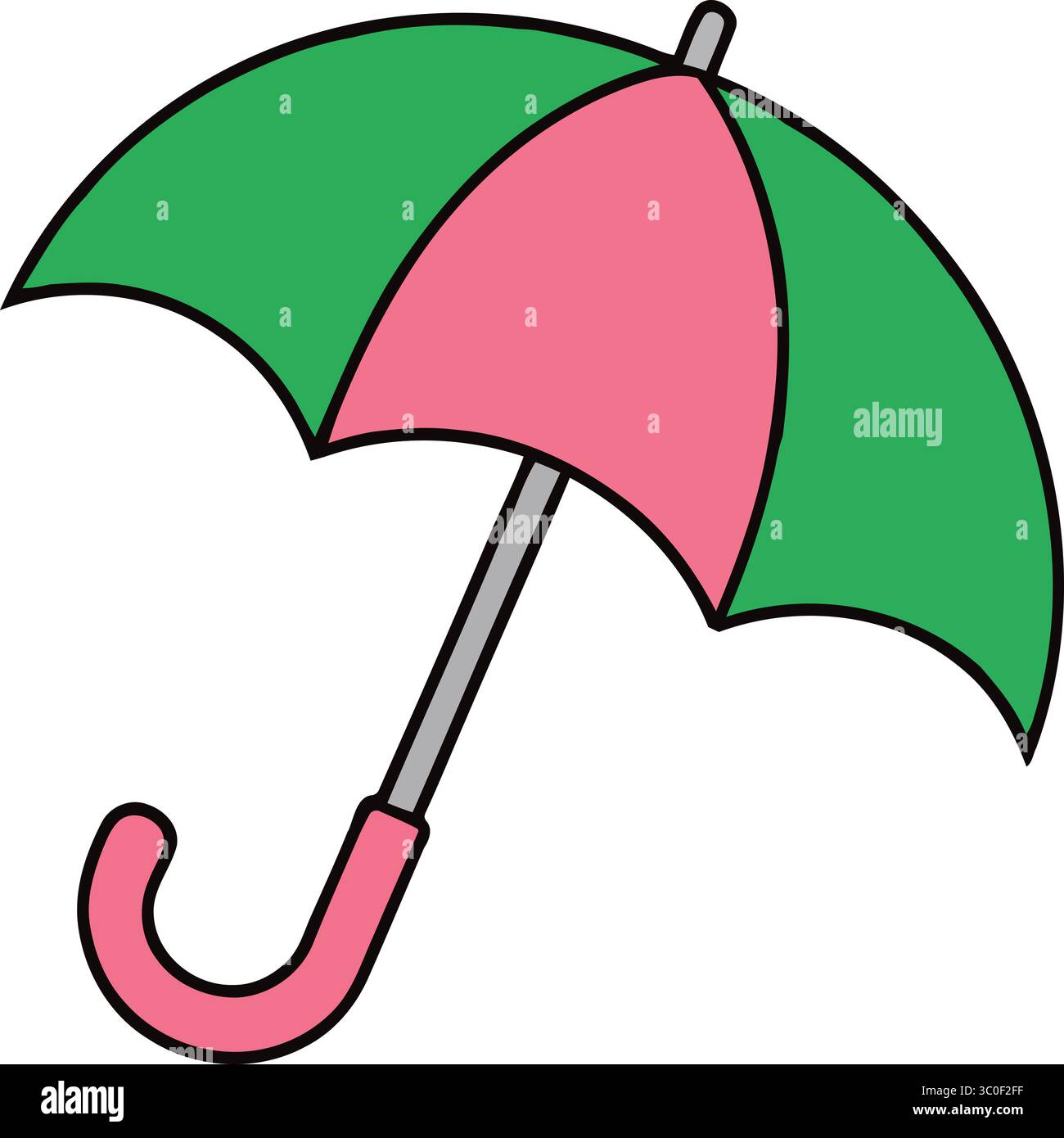 Eine lebendige grafische Illustration eines Regenschirms in verspielten Farben in Grün und Pink. Stock Vektor