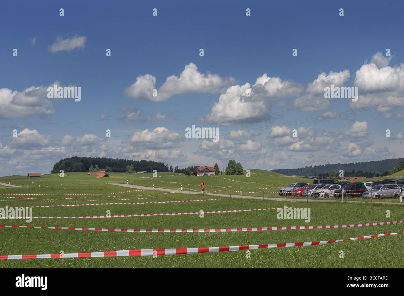 Cumulus, Cumulus, Cumulus Wolken, über Sommerwiesen mit Sperrbändern bei Reicholzried, Allgäu, Schwaben, Bayern, Deutschland Stockfoto