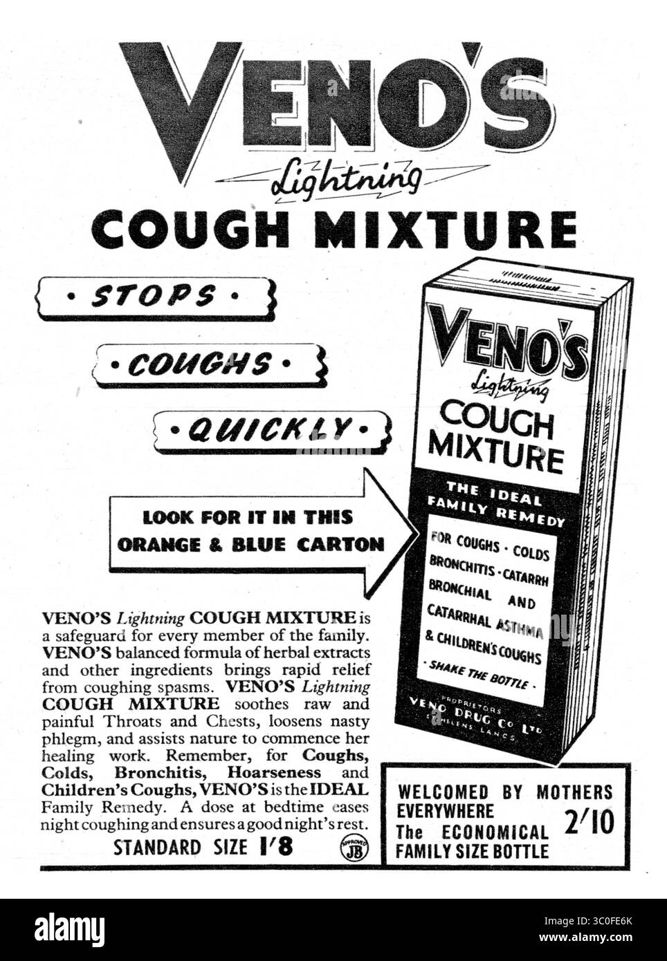 Veno-Hustenmedizin. Anzeige anzeigen. Dezember 1951. Stoppt Husten schnell. Vintage-Verpackung, Einzelhandel. Stockfoto