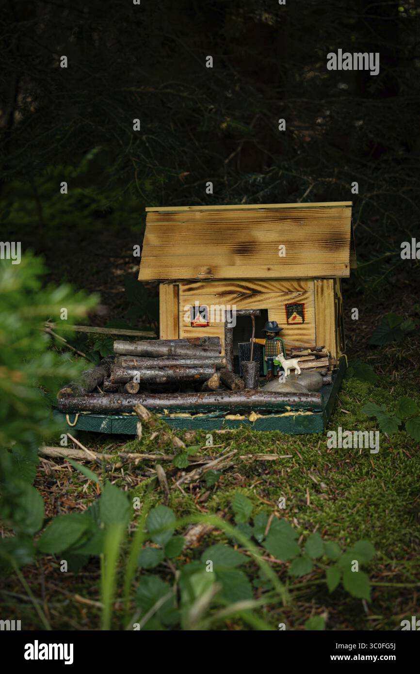 Eine kleine selbstgebaute Holzhütte im Wald mit Playmobil-Figur und kleiner Ziege, Bayern, Deutschland Stockfoto
