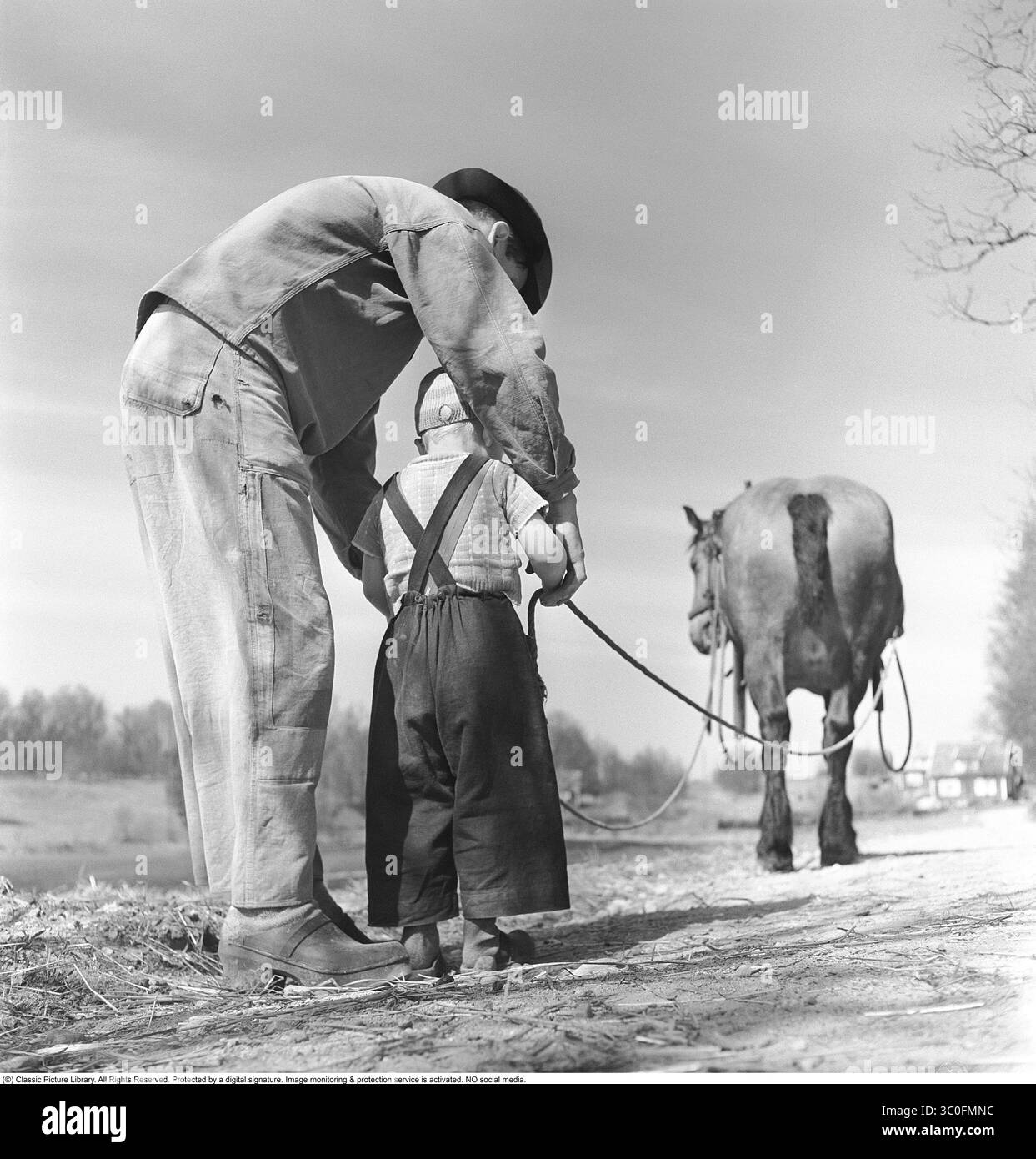 Vater und Sohn 1951. „Halte es so“. Der Vater gibt seinem Sohn Anweisungen, wie man die Zügel hält, und gibt ihm eine wichtige Fähigkeit. Der Griff sollte fest und dennoch sanft zwischen den Fingern sein. Das Weitergeben des Wissens bewahrt die praktischen Fähigkeiten und die Bindung an die Tradition. Geduld, Respekt vor dem Pferd und Selbstvertrauen, mit seiner Kraft umzugehen. Das gütige Pferd wartet geduldig vor ihnen. Die Art und Weise, wie Wissen auf diese praktische Weise weitergegeben wird, ist heute etwas verloren. Kristoffersson Ref. BC6-11 Stockfoto
