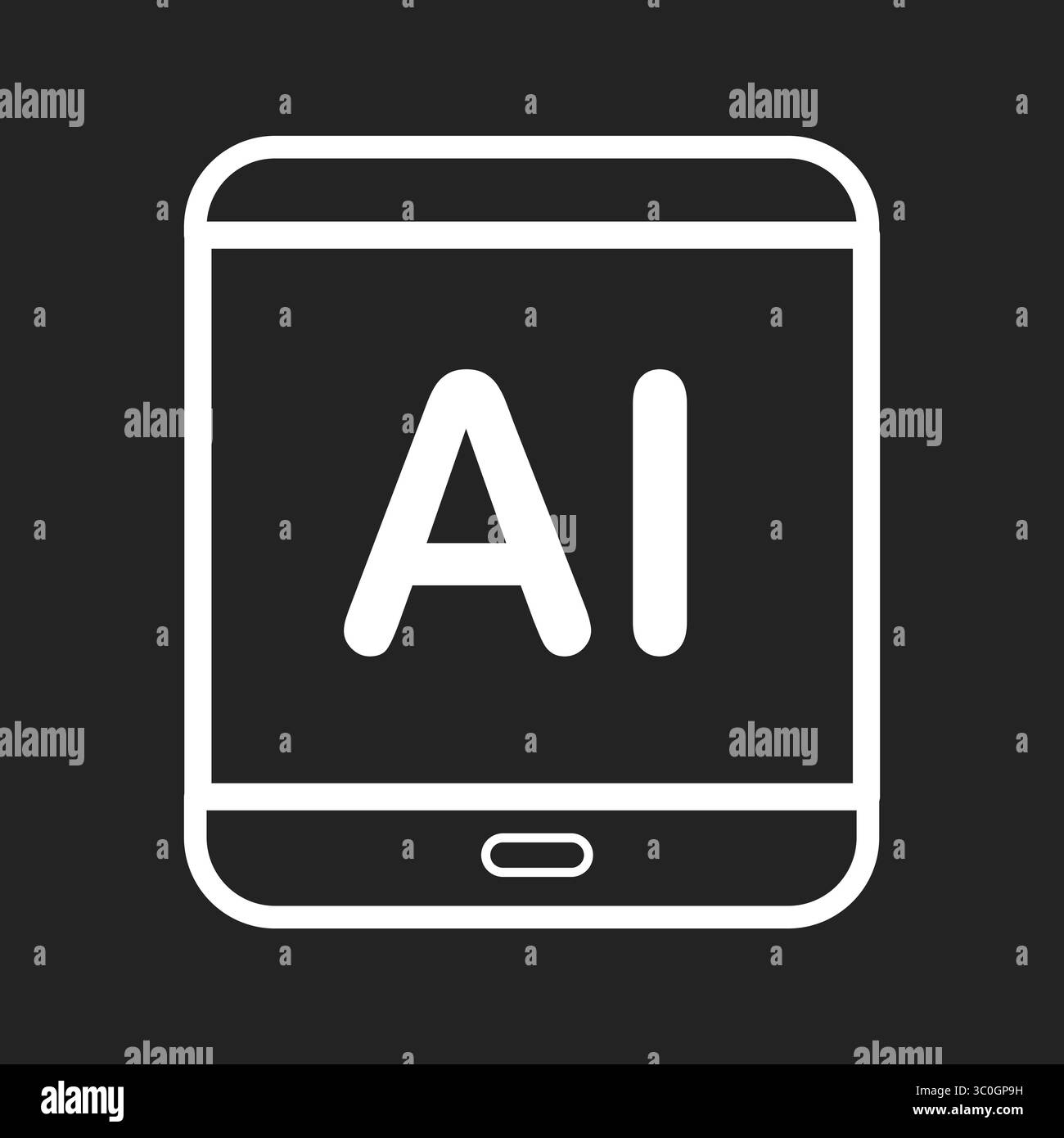 KI-Tablet-SYMBOL in Schwarz-weiß-Hintergrund – Ein intelligentes digitales Gerät mit KI-Integration, Vektorzeichen, Symbol, Logo-Illustration. Vektorgrafiken Stock Vektor