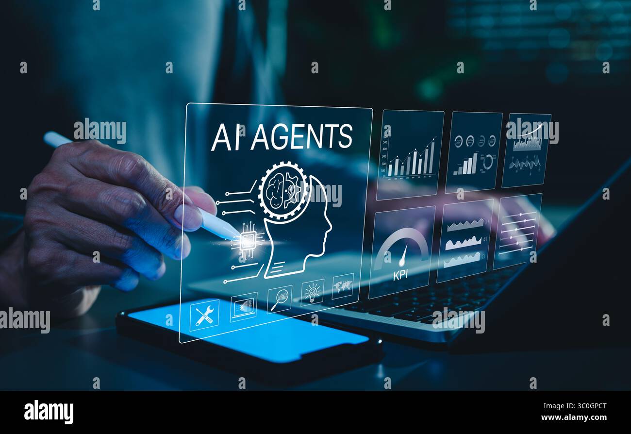 AI-Agent-Konzept. Die Person interagiert mit KI-Agententechnologie, Analysediagrammen und Performance-KPIs und symbolisiert künstliche Intelligenz Stockfoto