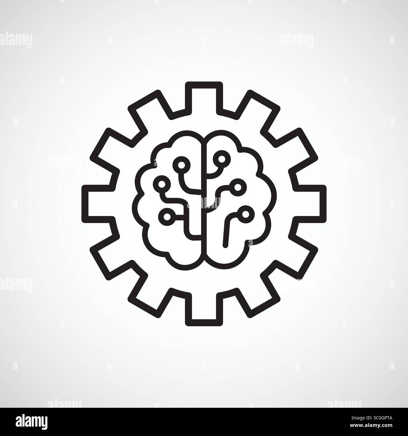 Gehirn mit Zahnradsymbol-Umriss mit weißem Hintergrund – kognitiver KI-Denkmechanismus, Vektorzeichen, Symbol, Logo-Illustration. Vektorgrafiken Stock Vektor